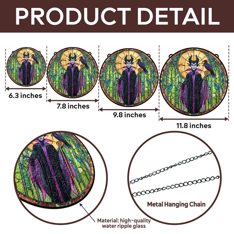 Pu&ograve; includere: Arte circolare in vetro colorato raffigurante un personaggio in abito nero e viola con un corvo. Le dimensioni sono 16, 19.8, 24.9 e 30 cm di diametro. Include una catena di sospensione in metallo. Materiale: vetro ondulato di alta qualit&agrave;. Testo: "PRODUCT DETAIL".