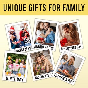 Pu&ograve; includere: Immagine che promuove regali unici per la famiglia, con foto etichettate "Natale", "Anniversario", "San Valentino", "Compleanno", "Festa della Mamma" e "Festa del Pap&agrave;". Ogni foto mostra persone che si scambiano regali.