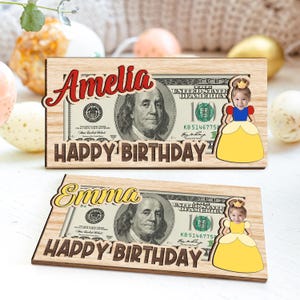 Portamonedas de princesa con foto personalizada y nombre de cumpleañera, portamonedas de princesa con cara personalizada, tarjeta de cumpleaños de princesa