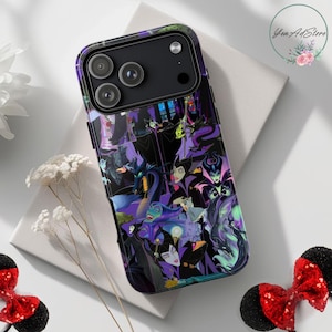 May include: Black phone case featuring a colorful collage of Disney villains. The case has a glossy finish and a black border. The design includes characters like Maleficent and the Evil Queen, with shades of purple, green, and black.
