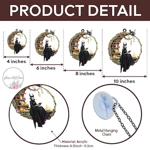 May include: Acrylic wall art featuring a witch-like figure in a black cloak, reading a book within a crescent moon-shaped frame. Available in 4, 6, 8, and 10-inch sizes. Includes a metal hanging chain. The material is acrylic, with a thickness of 0.12 to 0.3 inches.
