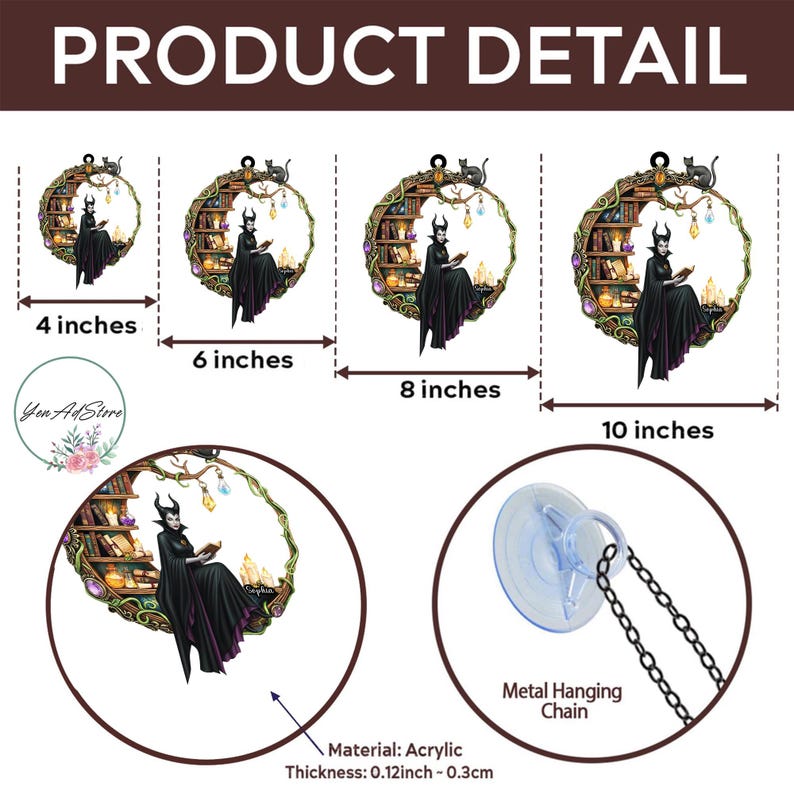 May include: Acrylic wall art featuring a witch-like figure in a black cloak, reading a book within a crescent moon-shaped frame. Available in 4, 6, 8, and 10-inch sizes. Includes a metal hanging chain. The material is acrylic, with a thickness of 0.12 to 0.3 inches.