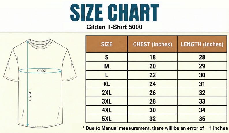 May include: Size chart for Gildan T-Shirt 5000, showing chest and length measurements in inches for sizes S to 5XL. Includes a diagram of a t-shirt with chest and length indicators. The text "SIZE CHART" is at the top.