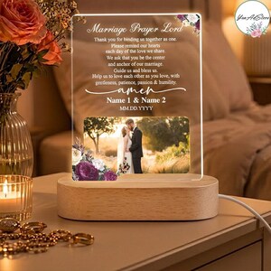 Personalized Acrylic LED Lamp – Marriage Prayer Wedding Gift with Photo, Names & Date. Scripture Keepsake Decor, Anniversary Gift for Couple