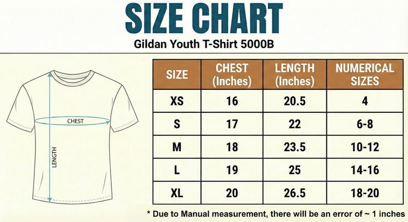 May include: Size chart for Gildan Youth T-Shirt 5000B, with chest and length measurements in inches. Sizes range from XS to XL, with corresponding numerical sizes. The chart includes a diagram of a t-shirt with chest and length indicators.