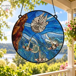 Star Wars Suncatcher, Faux Stained Glass Millennium Falcon Window Hanging, Acrylic X-Wing Space Art, Sci-Fi Movie Fan Gift for Him