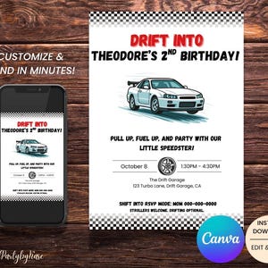 May include: A white car illustration on a birthday invitation with the text "Drift Into Theodore's 2nd Birthday!" The invitation includes event details and a Canva logo. A smartphone displays the invitation.