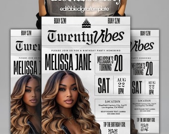 Vintage Newspaper Birthday Invitation: Editable Canva Template (Digital Download)