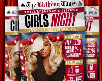Newspaper Girls Night Invitation, Gold Glam Dinner & Game Night Birthday Invite, Red Editable Canva Template, Social Media, Digital Evite