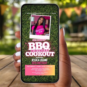 May include: A smartphone displays a BBQ birthday cookout invitation. The invitation features a photo of a woman in a pink top, the text "BBQ Birthday Cookout," and event details. The phone is held against a wooden background.