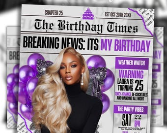 Silver Purple Newspaper Birthday Invitation, Digital Glam Party Evite, Editable Social Media Flyer Template, Modern Birthday Dinner Invite