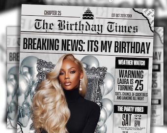 Newspaper Birthday Invitation, Silver Brunch Glam Party Evite, Editable Social Media Flyer Template, Digital Birthday Dinner Invite
