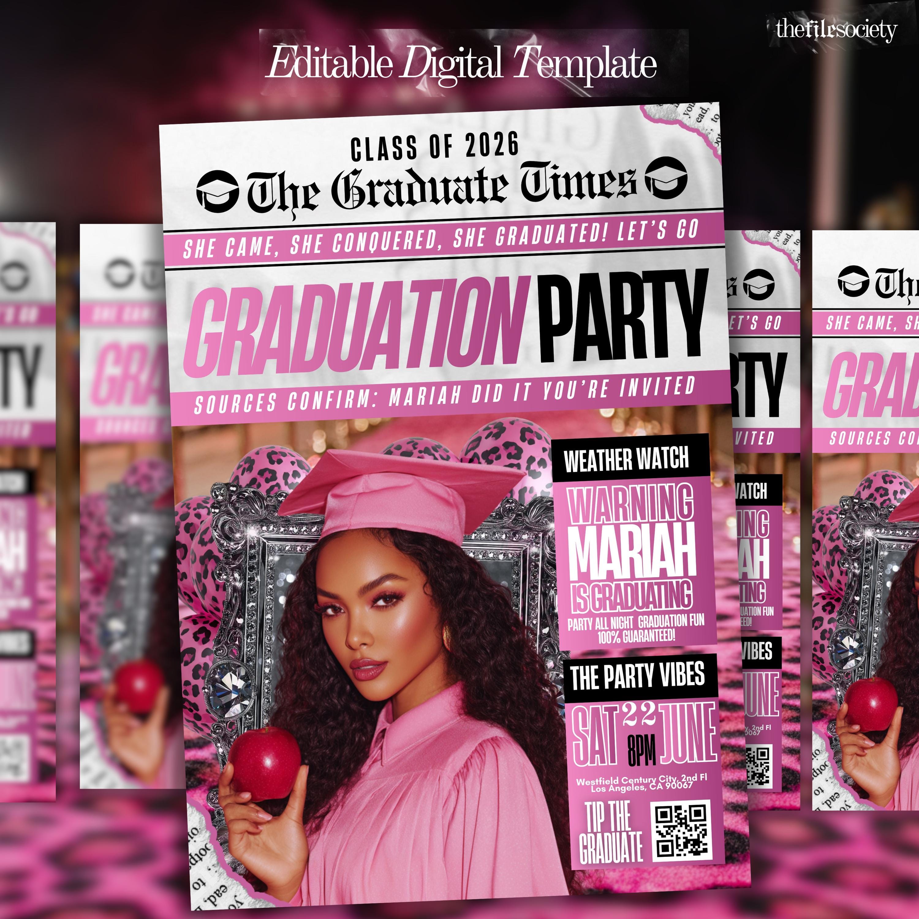 Leopard Graduation Invitations Newspaper Graduation Invitation, Leopard Print Editable Class of 2026 ...