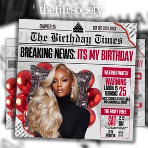 May include: A magazine cover design with the text "The Birthday Times" and "Breaking News: It's My Birthday." Features a woman with blonde hair, red balloons, and the text "Laura is turning 25." The party is on Saturday at 8 PM.