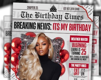 Silver Red Newspaper Birthday Invitation, Digital Glam Party Evite, Editable Social Media Flyer Template, Modern Birthday Dinner Invite