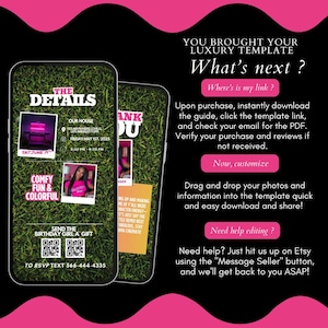 May include: A digital template displayed on two smartphones, featuring a birthday party theme. The screens show event details, photos, and a QR code for gifting. Text includes "The Details," "Comfy Fun & Colorful," and instructions for customization.