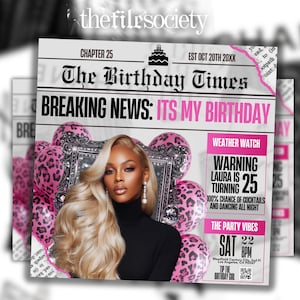 May include: A party invitation designed as a newspaper front page. The headline reads "The Birthday Times" with "Breaking News: It's My Birthday." A woman with blonde hair is featured, surrounded by pink leopard print balloons. The invitation includes party details.