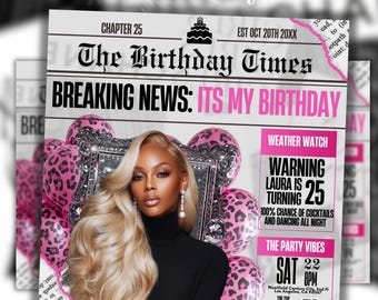 Pink Newspaper Birthday Invitation, Leopard Print Digital Glam Party Evite, Editable Social Media Flyer Template, Birthday Dinner Invite