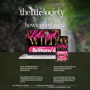 Pu&ograve; includere: Un design di invito digitale visualizzato su un laptop e uno smartphone. Il design presenta il testo "Let's get WILD" con uno sfondo leopardato, in onore del 25&deg; compleanno di Brittany. Sono incluse anche istruzioni e dettagli.