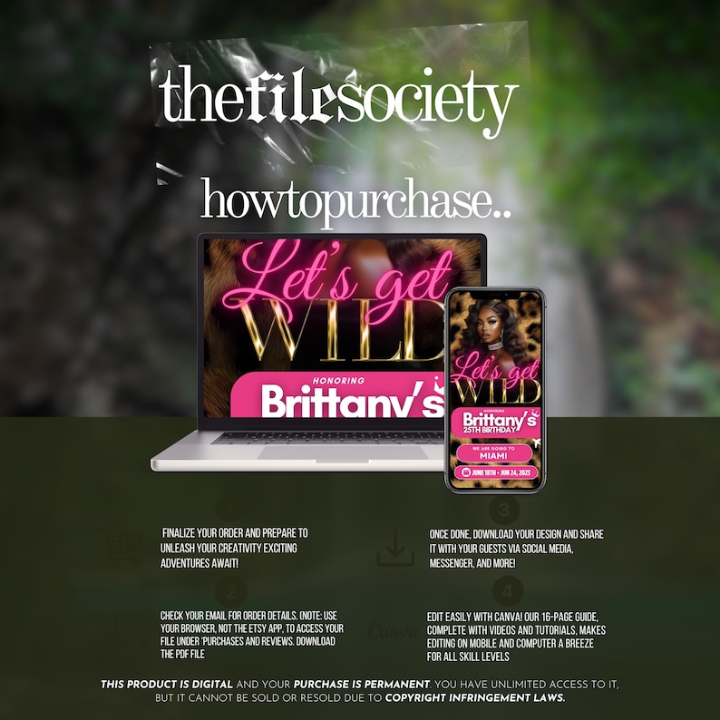 Pu&ograve; includere: Un design di invito digitale visualizzato su un laptop e uno smartphone. Il design presenta il testo "Let's get WILD" con uno sfondo leopardato, in onore del 25&deg; compleanno di Brittany. Sono incluse anche istruzioni e dettagli.