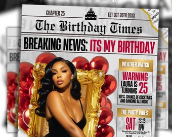 Gold Newspaper Birthday Social Media Flyer, Red Glam Party Evite, Editable Digital Invitation Template, Luxe Birthday Dinner Invite