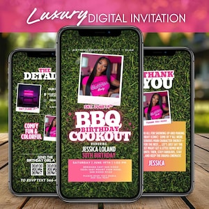 May include: Three smartphones displaying a digital invitation for a BBQ birthday cookout. The invitation features a photo of a woman, text that reads "BBQ Birthday Cookout," and event details. The overall design is pink and green.