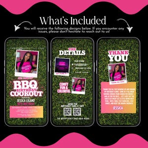 May include: A digital invitation design for a BBQ birthday cookout, featuring three smartphone mockups. The design includes event details, a photo of the birthday girl, and a thank you message. The color scheme is pink, black, and green.