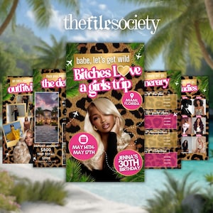 Puede incluir: Gráficos digitales con un diseño de estampado de leopardo, acentos de palmeras y el texto "Bitches Love a Girls Trip". Los gráficos incluyen fotos, detalles del itinerario y el texto "Jenna's 30th Birthday".