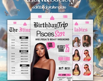 Birthday Weekend Itinerary Newspaper Invite, Pisces Season Digital Girls Trip Template, Canva Travel Flyer, Birthday Itinerary Design