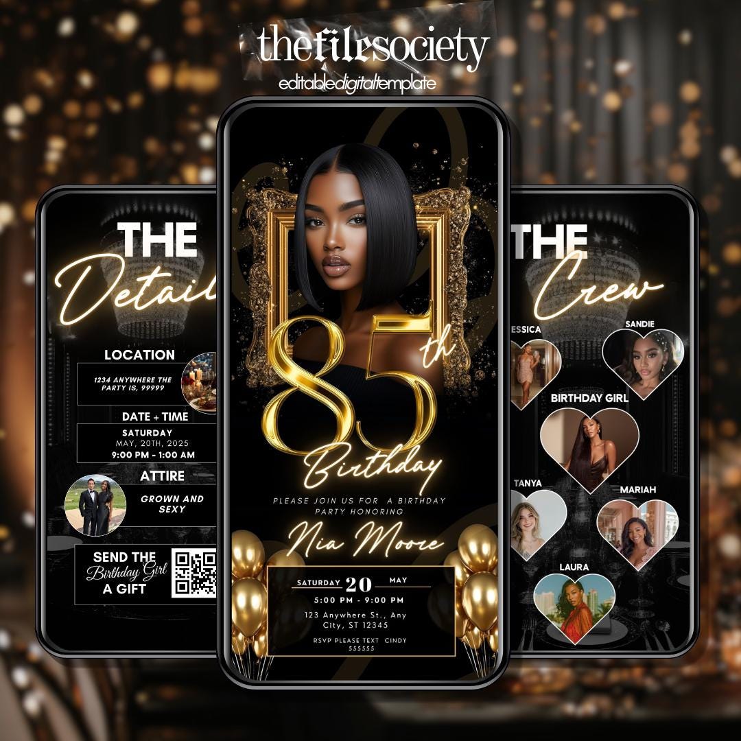 85th Birthday Invitation, Editable Gold & Black Digital Template