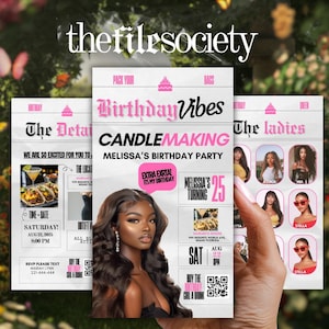 May include: A set of three invitation cards with a birthday theme. The central card features a woman and the text "Birthday Vibes" and "Candle Making". The other cards include details like the date, time, and RSVP information. The color scheme is pink and white.