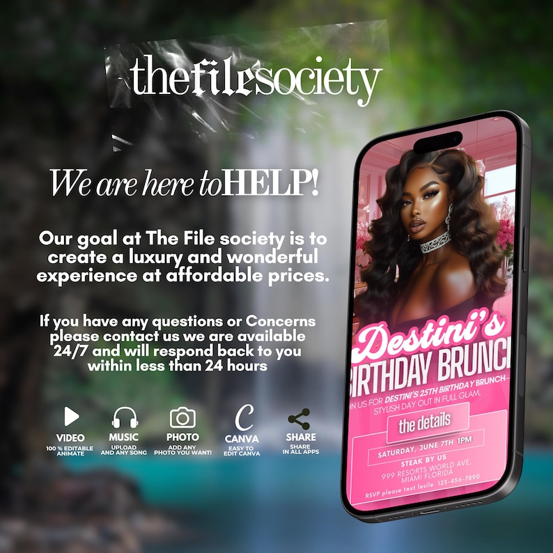 Pu&ograve; includere: Immagine promozionale per The File Society, con uno smartphone che mostra un invito a un brunch di compleanno. L'invito &egrave; rosa e presenta una foto di una donna e i dettagli dell'evento. L'immagine include anche icone di servizio e testo.