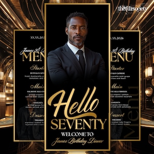 May include: A black and gold birthday dinner menu with the text "Hello Seventy" and "Welcome to James Birthday Dinner." The menu includes starters, main courses, and desserts. A man in a suit is in the center of the image.