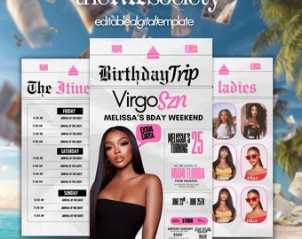 Geburtstagswochenende Reiseplan Zeitung einladen, Virgo Saison Digitale Mädchen Reise Miami Vorlage, Canva Reiseflyer, Geburtstag Reiseplan Design