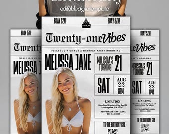 21. Geburtstag Zeitungseinladung: Bearbeitbare Canva Vorlage (Digitaler Download)