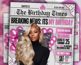 Silver Pink Newspaper Birthday Invitation, Digital Glam Party Evite, Editable Social Media Flyer Template, Modern Birthday Dinner Invite