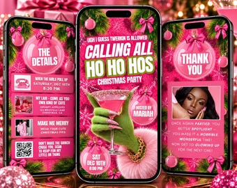 Calling All Ho Hos Christmas Party Invitation, Pink Girly Friendsmas Girls Night Evite, Festive Holiday Cocktail Invite, Editable Template