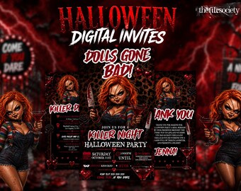 Dolls Gone Bad Halloween Invitation, Creepy Doll Girls Night Digital Invite, Red Horror Costume Party Editable Canva Evite