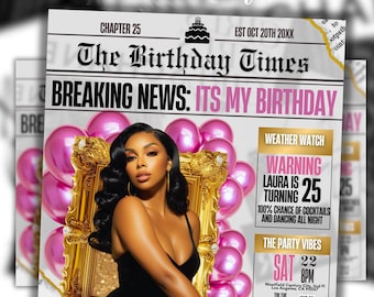 Guldrosa tidningsfödelsedagsflyer för sociala medier, glamourfest, redigerbar digital inbjudningsmall, lyxig födelsedagsmiddagsinbjudan