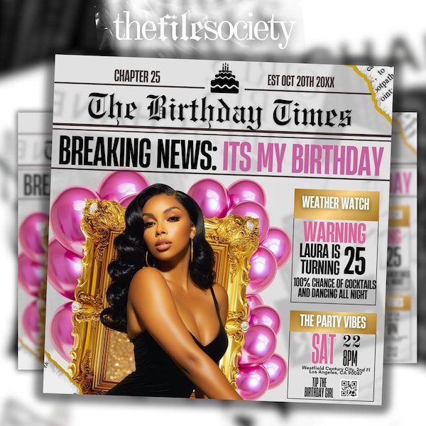 Gold Pink Newspaper Birthday Social Media Flyer, Glam Party Evite, Editable Digital Invitation Template, Luxe Birthday Dinner Invite