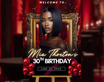 Red and Gold Birthday Welcome Sign: Elegant Party Decor (Digital Download)