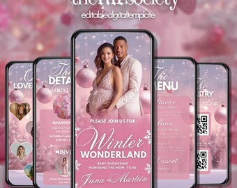 May include: A digital invitation template for a baby shower, featuring a couple and pink ornaments. The text reads "Winter Wonderland" and includes details like the date, time, and location. The template is designed by "thefilesociety".