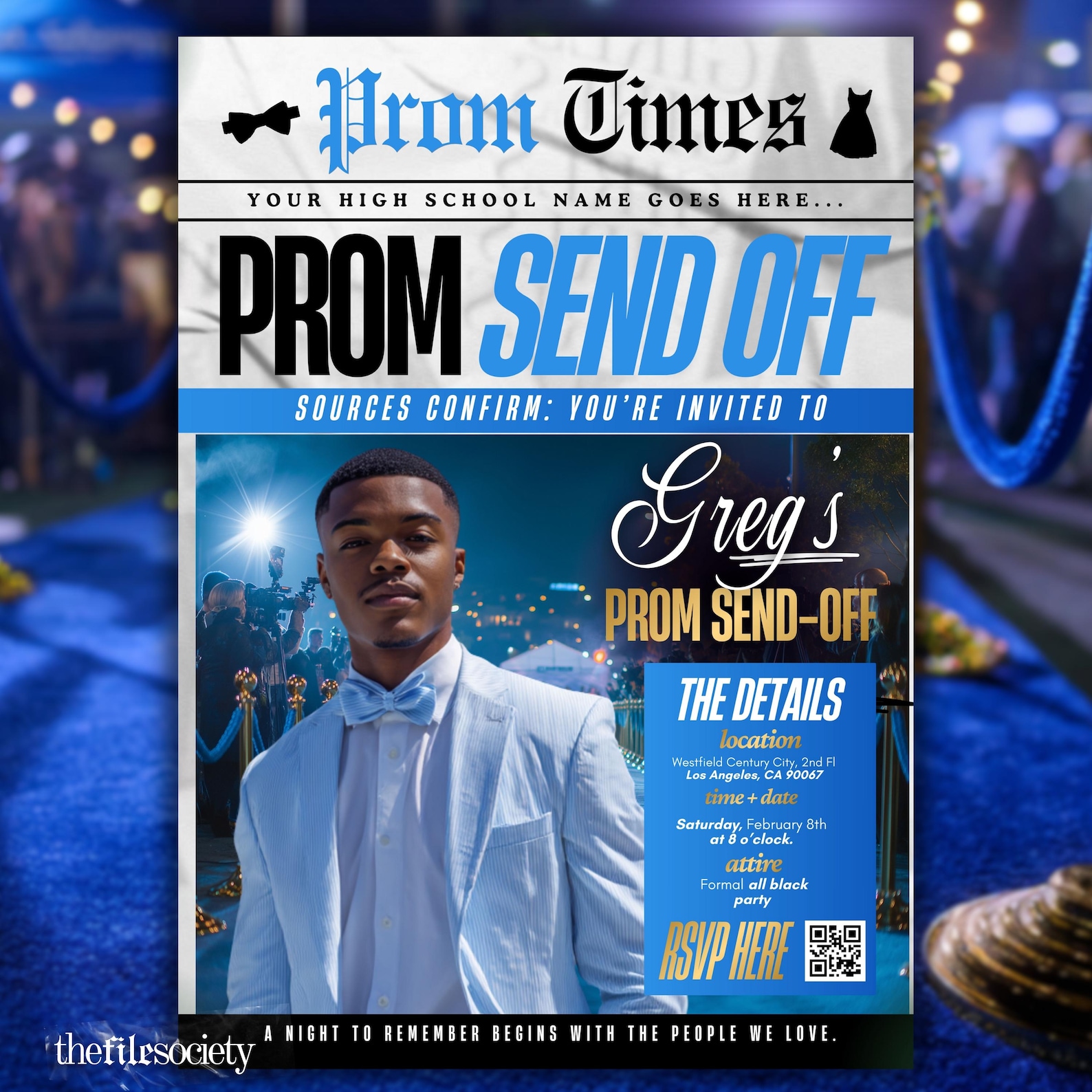 Luxury Blue Boy Pre-prom Prom Flyer, Newspaper Invitation, Send-off ...