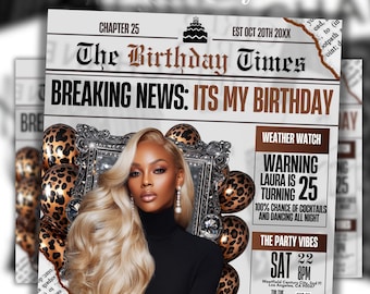 Newspaper Birthday Invitation, Leopard Print Glam Party Evite, Editable Social Media Flyer Template, Digital Birthday Dinner Invite
