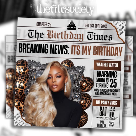 Newspaper Birthday Invitation, Leopard Print Glam Party Evite, Editable Social Media Flyer Template, Digital Birthday Dinner Invite