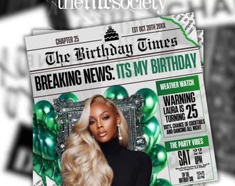 Newspaper Birthday Invitation, Green Digital Glam Party Evite, Silver Editable Social Media Flyer Template, Modern Birthday Dinner Invite