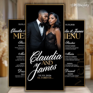 Puede incluir: Menú de boda en negro y dorado con foto de pareja. El menú incluye los nombres "Claudia y James" y la fecha "XX.XX.2026". Presenta entrantes, platos principales y postres.