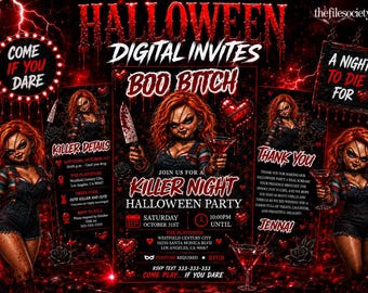 Boo Witches Halloween Party Invitation, Red Horror Doll Digital Invite, Adult Costume Party Editable Canva Mobile Evite