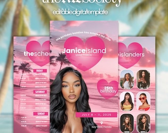 Editable Island Birthday Invitation, Tropical Girl Trip Itinerary, Digital Canva Template, Love Animated Travel, Weekend Invite
