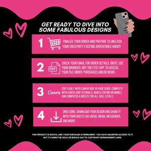 May include: Black graphic with pink accents and text. The text reads "GET READY TO DIVE INTO SOME FABULOUS DESIGNS." Instructions are numbered 1-4, with icons and text describing the digital product's use. Hearts are in the corners.